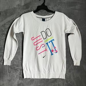 Just Do It Nike Sweatshirt Graphic White Long Sleeve Crew Neck Size M Y2K Neon